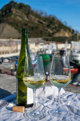 Tasting of txakoli or chacolí slightly sparkling very dry white wine produced in Spanish Basque Country with view on old port and village Getaria, Spain