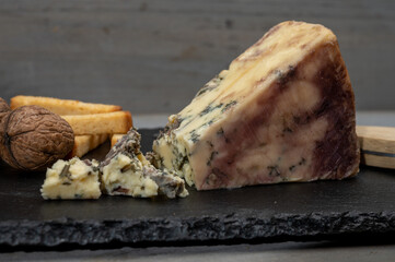 Cheese collection, blue stilton English cheese matured in red porto wine served as dessert with bread sticks