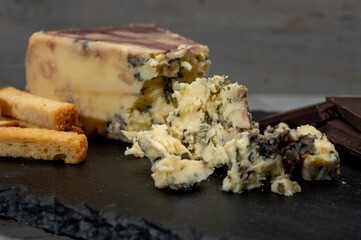 Cheese collection, blue stilton English cheese matured in red porto wine served as dessert with walnuts and chocolate