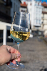 Tasting of txakoli or chacolí slightly sparkling very dry white wine produced in Spanish Basque Country with view on old port and village Getaria, Spain