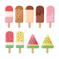 Ice cream bar in bubble tea, pearl milk tea, boba pearl, pudding, strawberry, yogurt, chocolate, flavors and watermelon popsicle, cool ice bar and ice pop for summer. Vector illustration.