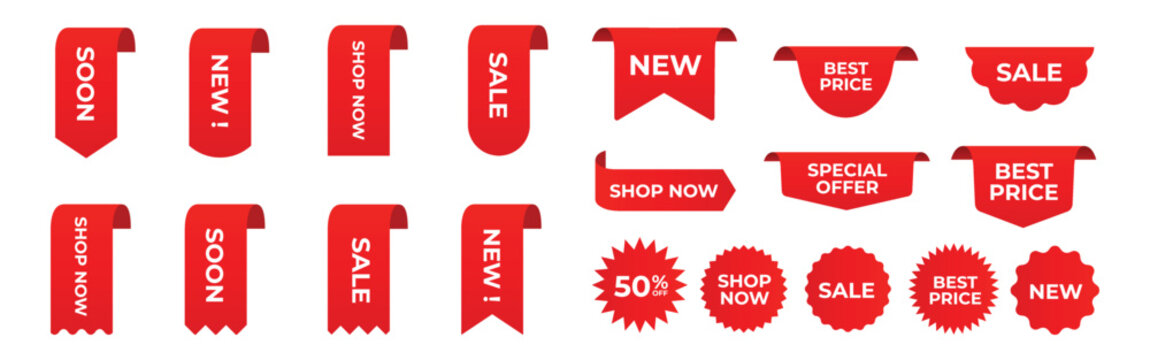 Set of vector red starburst, sunburst badges. Simple flat style vintage labels, stickers with sale discount text. Sale quality tags and labels. Template banner shopping badges.