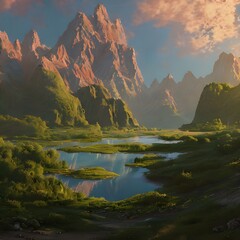 Peaceful lake in the mountains. Generative AI.