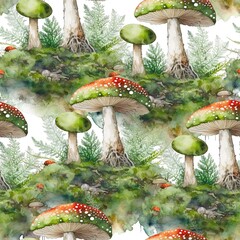 Forest Mushroom mosses fall seamless watercolor pattern