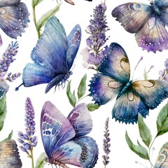 Watercolor butterfly and lavender flower elegant painting seamless pattern background