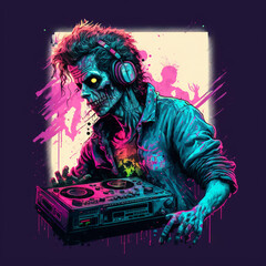 DJ Zombie in action with headset and DJ mixer tools Generative AI