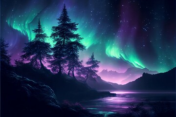 Naklejka na ściany i meble A magical landscape at night with green purple and blue auroras created with Generative AI