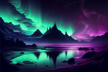 Fototapeta na wymiar A magical landscape at night with green purple and blue auroras created with Generative AI