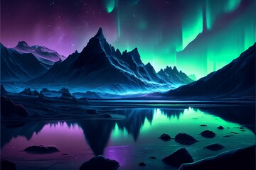 Fototapeta na wymiar A magical landscape at night with green purple and blue auroras created with Generative AI