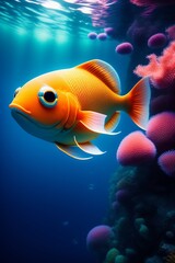 Fototapeta premium Cute gold fish with big eyes surrounded by underwater creatures, created with Generative AI technology
