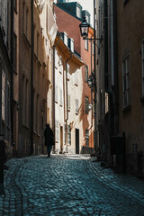 Woman walks alone in a cobblestone alley. Tourist strolls down a narrow street between colored houses. Old neighborhoods and city life.