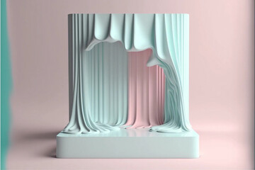 3d render abstract platform podium on water and waving curtains. Realistic pastel mock-up for products promotion