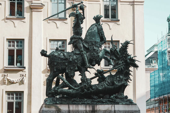 Stockholm, Sweden - 10 10 2022: Bronze replica of the statue of St. George and the Dragon. Work by Bernt Notke for the Battle of Brunkeberg. Triumphal monument in a square of the Scandinavian capital.