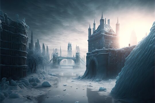 Frozen and Abandoned City Full Covered With Ice and snow, in a very dramatic way, Generative AI