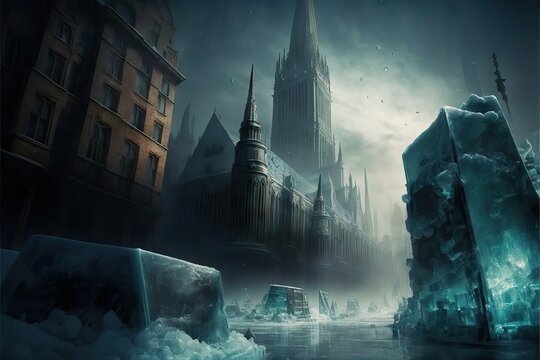 Frozen and Abandoned City Full Covered With Ice and snow, in a very dramatic way, Generative AI