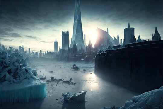 Frozen and Abandoned City Full Covered With Ice and snow, in a very dramatic way, Generative AI