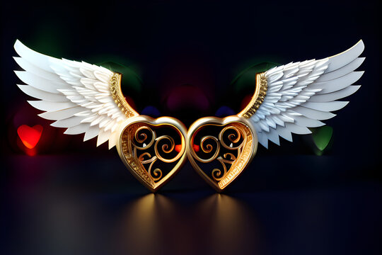 gold hearts with wings, generative AI