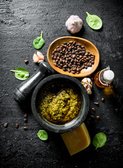 Pesto sauce with olive oil, pine nuts and Parmesan.