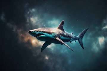 Fototapeta na wymiar Celestial Shark Diving In the Sky, Between The Stars, and Galaxies, and Nebulas, And Constellations, This Shark Moves on Waters from Above, Generative AI