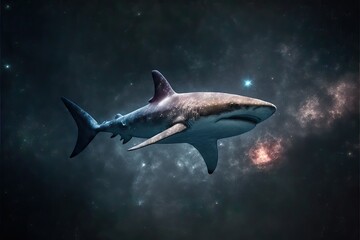 Fototapeta premium Celestial Shark Diving In the Sky, Between The Stars, and Galaxies, and Nebulas, And Constellations, This Shark Moves on Waters from Above, Generative AI