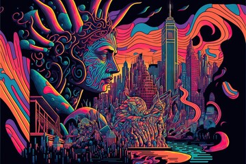 Psychedelic City, With Lisergic visions between buildings, cars, houses, trees, streets, asphalt, monuments, with full color design, Generative Ai