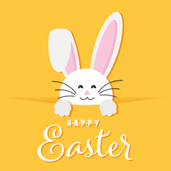 Colorful Happy Easter greeting card with rabbit, bunny, and eggs with banners