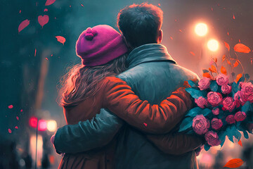 Valentine's Day back view of a couple hugging, generative AI