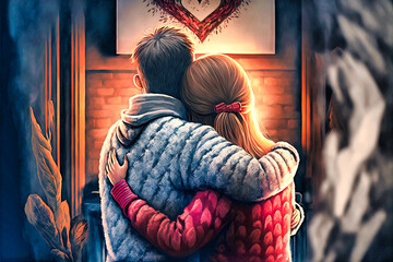 Valentine's Day back view of a couple hugging, generative AI