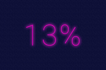 13% percent logo. thirteen percent neon sign. Number thirteen on dark purple background. 2d image