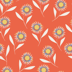 Red with yellow daisy type flowers and long white stems seamless pattern background design.