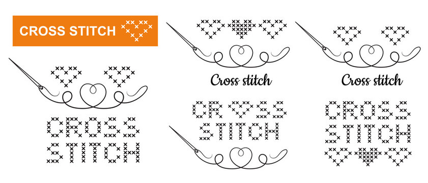 Cross stitch embroidery handmade needlework, sewing needle with floss thread line icon set. Cotton yarn for sew hobby. Fancywork accessory. Embroider text, heart ornament. Creative handicraft. Vector