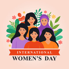 International women's day simple flat illustration with different beautiful women