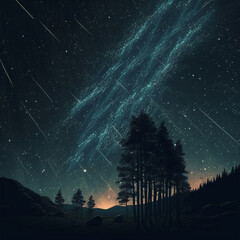 A mountain landscape containing a meteor shower
