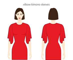Kimono sleeves elbow length clothes character beautiful lady in red top, shirt, dress technical fashion illustration, fitted body. Flat apparel template front, back sides. Women, men unisex CAD mockup