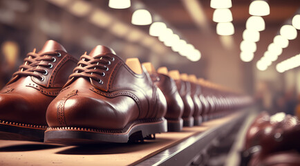 Modern production factory of leather shoes. Industry line assembly for footwear. Generation AI