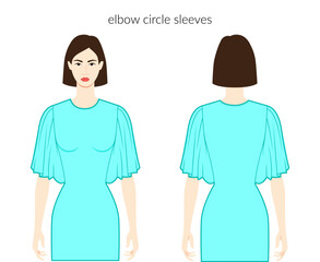 Circle sleeves elbow length clothes lady character in aqua dresses, tops, shirts technical fashion illustration with fitted body. Flat apparel template front, back sides. Women, men unisex CAD mockup