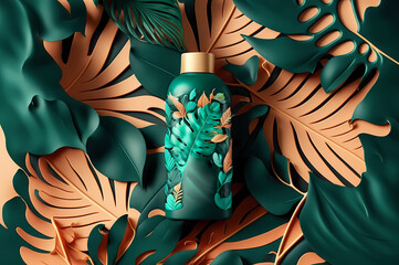 Fototapeta na wymiar Hair care set cosmetics background nature monstera. Bottle shampoo, oil, conditioner with copy space. Product placement mock up. Generation AI
