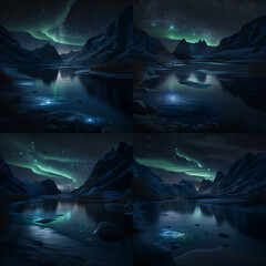 Beautiful aurora borealis landscape with two mountains around a lake