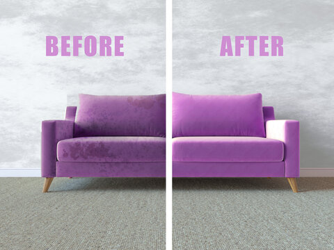 Dirty And Clean Furniture Before And After Dry Cleaning In Room. Purple Sofa Dirt Stains. Sofa Straight View, Dirty Half And Clean Half. Concept For A Cleaner, Cleaning Company, 3d Render Illustration