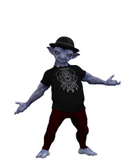 Funny little alien dude posing in jeans t shirt and hat. Isolated 3D rendering.