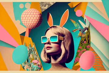 Cute Easter bunny girl. 60s retro style pop art collage. Illustration, Generative AI - obrazy, fototapety, plakaty