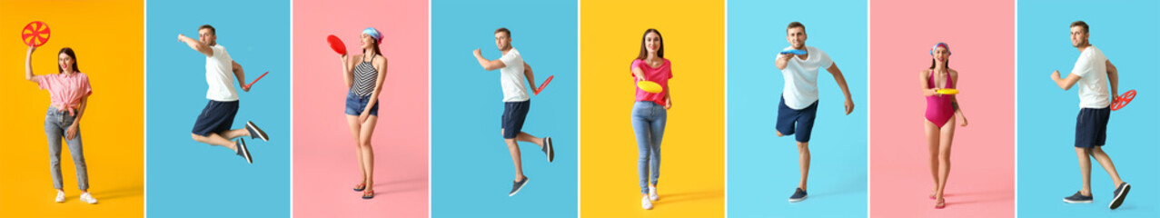 Set of young people playing frisbee on color background
