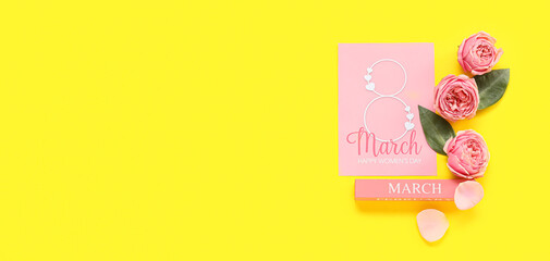 Beautiful greeting card for International Women's Day with roses on yellow background