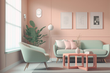 Pastel color tone cute cozy minimal style living room with furnitures. Generative ai.