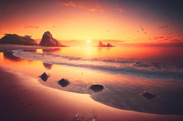 Naklejka na ściany i meble Beautiful beach with sunset or sunrise background. Illustration Generative ai.