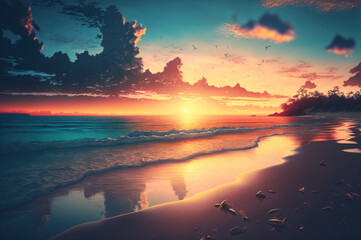 Fototapeta na wymiar Beautiful beach with sunset or sunrise background. Illustration Generative ai.