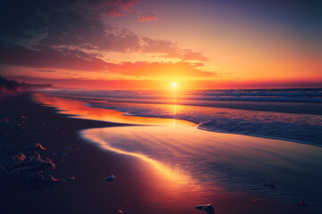 Fototapeta na wymiar Beautiful beach with sunset or sunrise background. Illustration Generative ai.