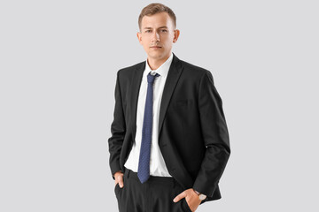 Handsome businessman in suit on light background