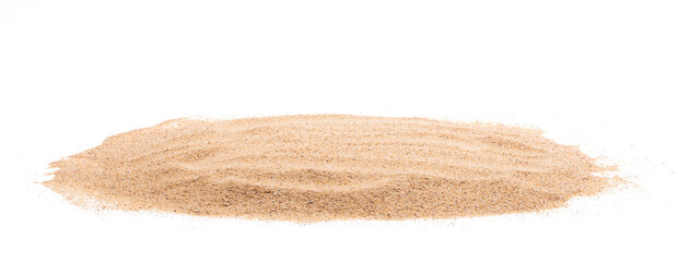 Desert sand pile, dune isolated white background. Gold White fine Sands on Beach island, destination of tropical ocean. Studio shot for detail texture, copy space