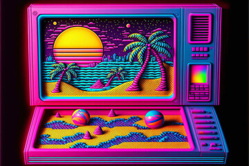 Polly pocket style computer on the beach, generative ai